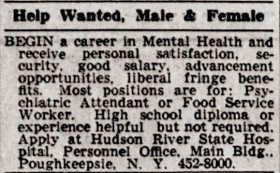 Hudson River State Hospital help wanted ad 1967
