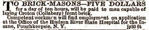 Hudson River State Hospital bricklayers wanted
