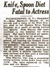 knife, spoon diet fatal to actress at Hudson River State Hospital article