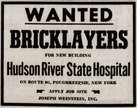 Hudson River State Hospital bricklayers wanted ad 1955