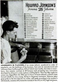 An image accompanying a 1948 newpaper article shows Howard Johnson's 28 flavors at the time.